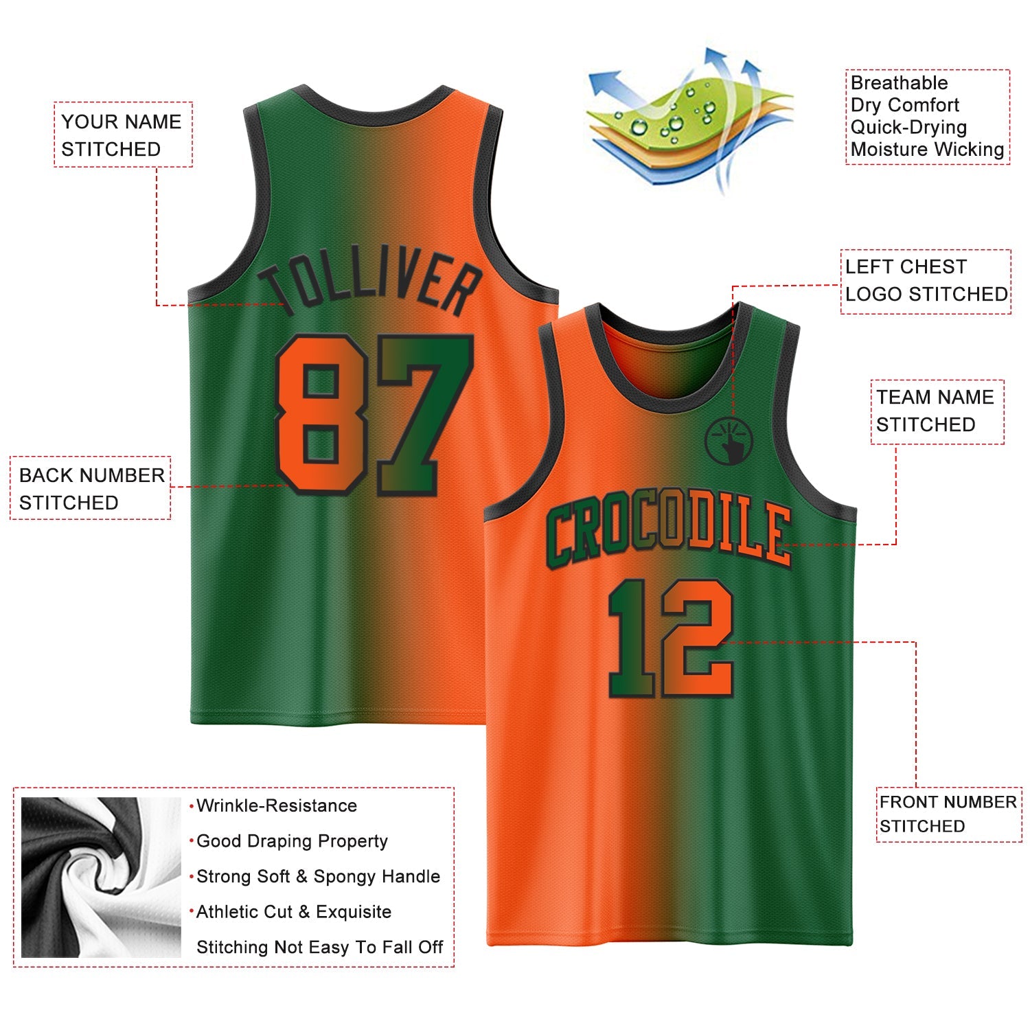 Custom Kelly Green Orange-Black Authentic Gradient Fashion Basketball Jersey - Sky-Custom