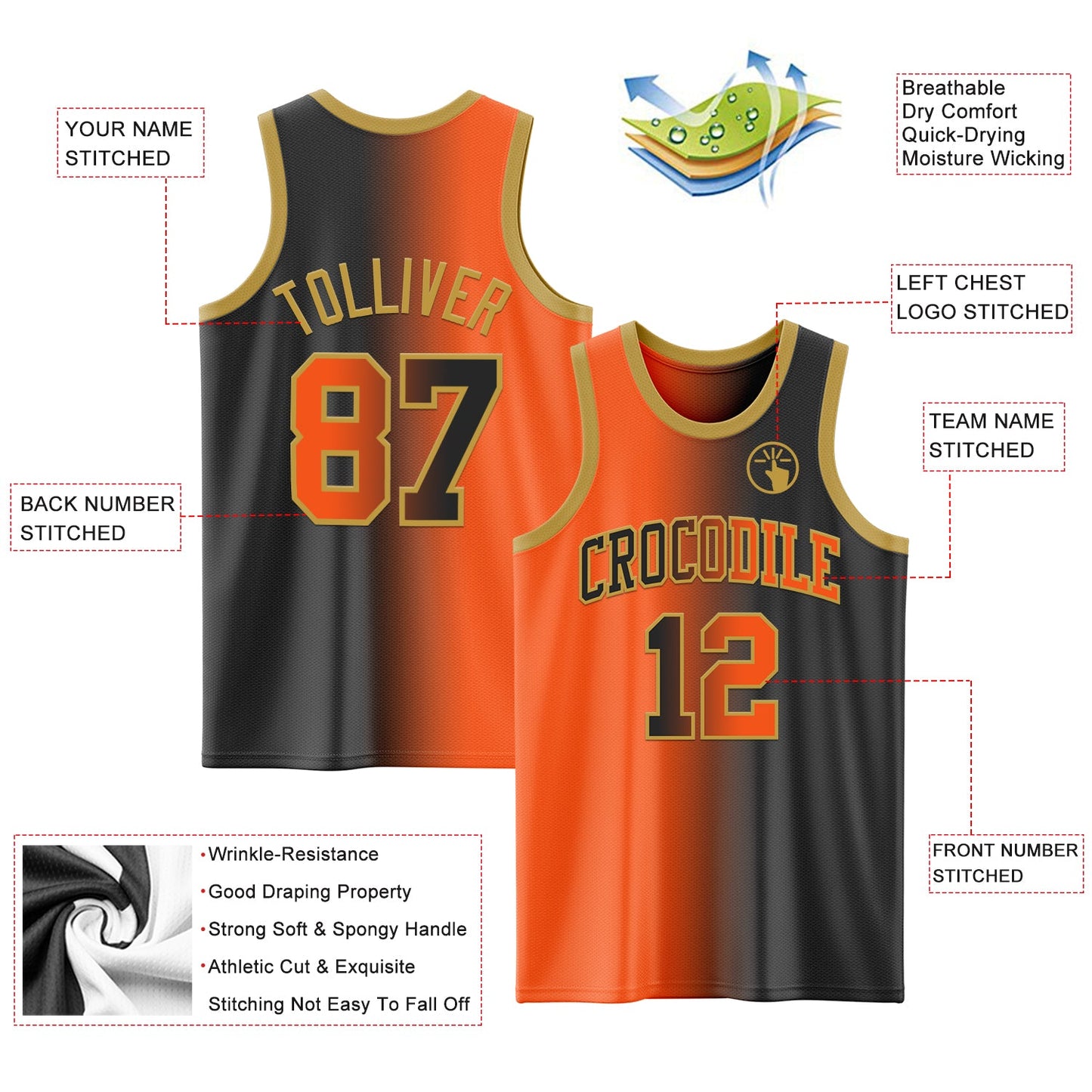 Custom Black Orange-Old Gold Authentic Gradient Fashion Basketball Jersey - Sky-Custom