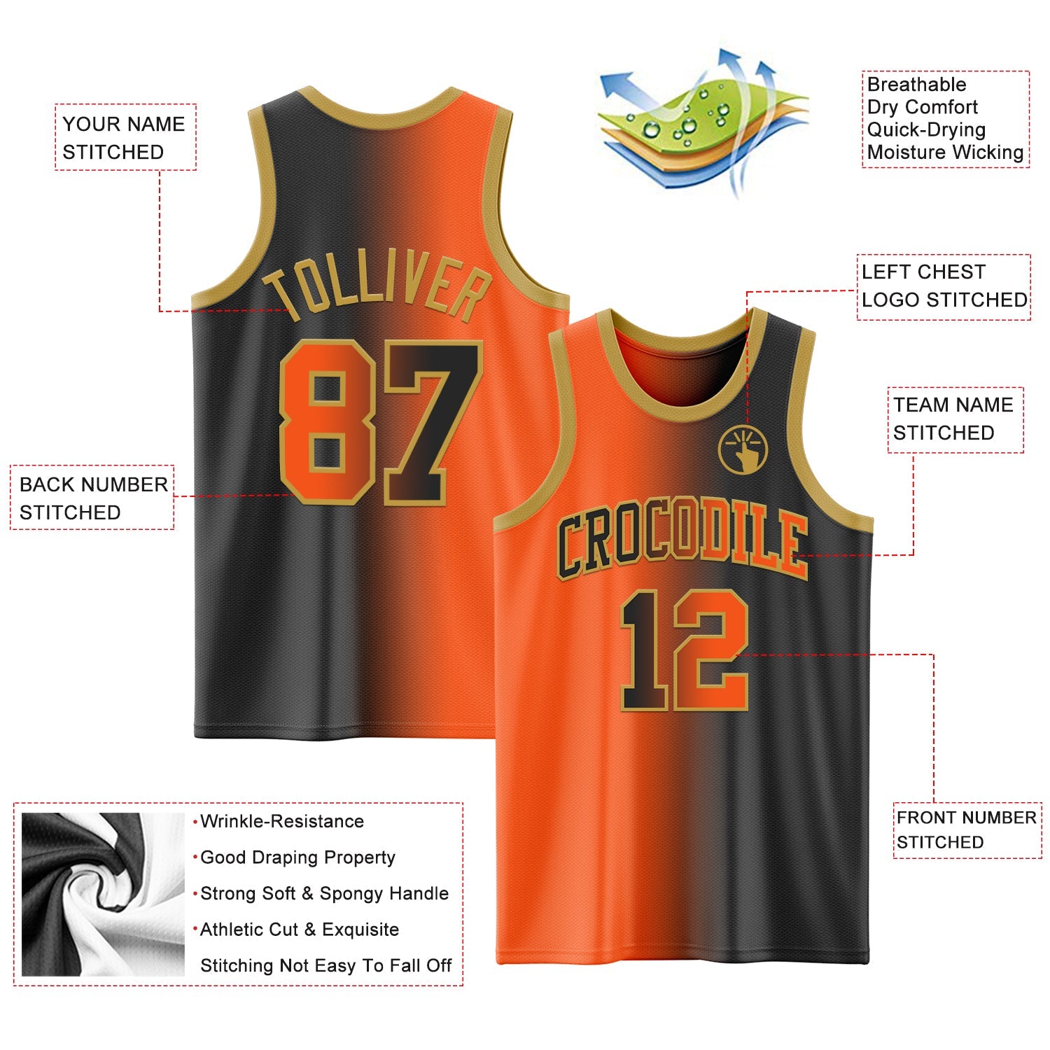 Custom Black Orange-Old Gold Authentic Gradient Fashion Basketball Jersey - Sky-Custom