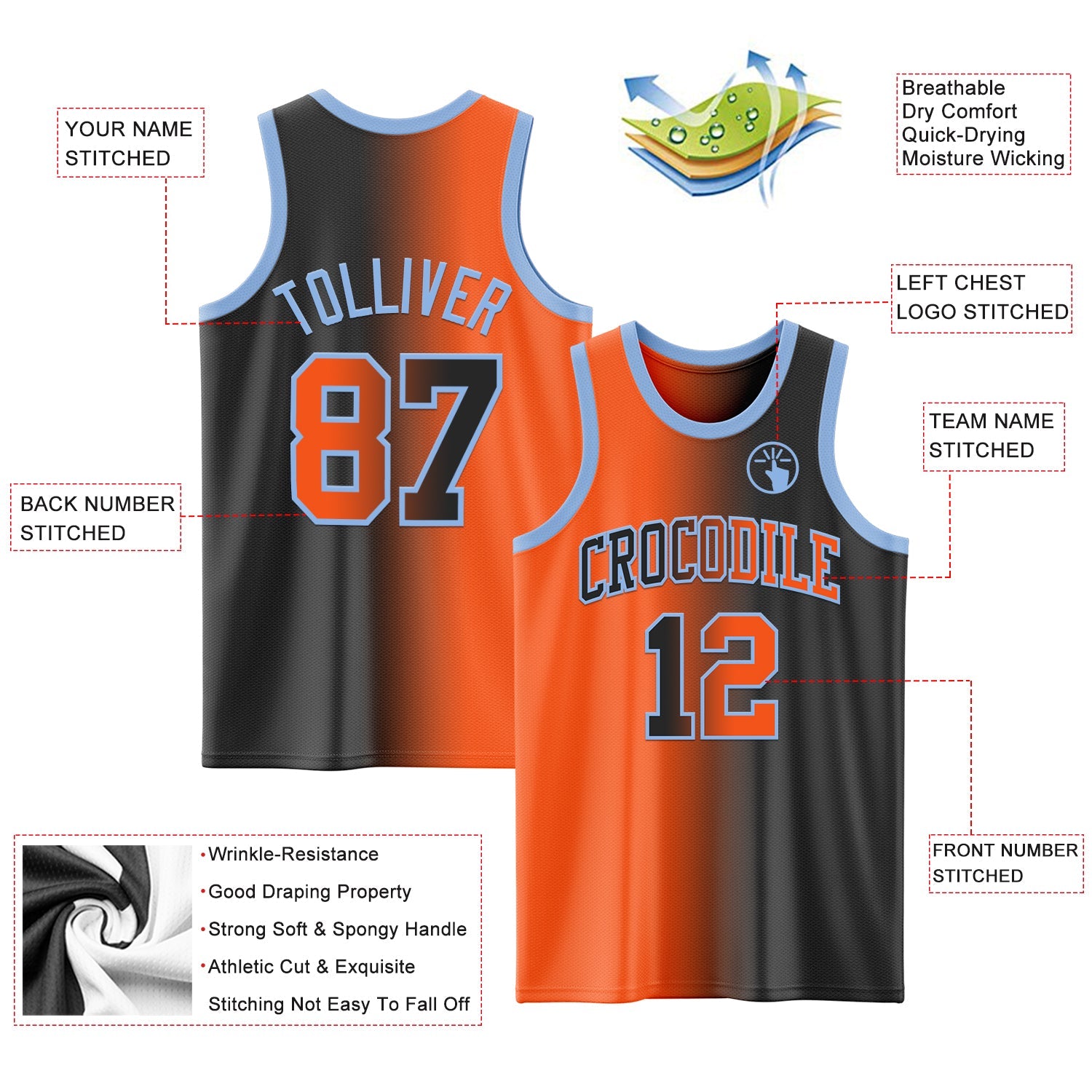 Custom Black Orange-Light Blue Authentic Gradient Fashion Basketball Jersey - Sky-Custom