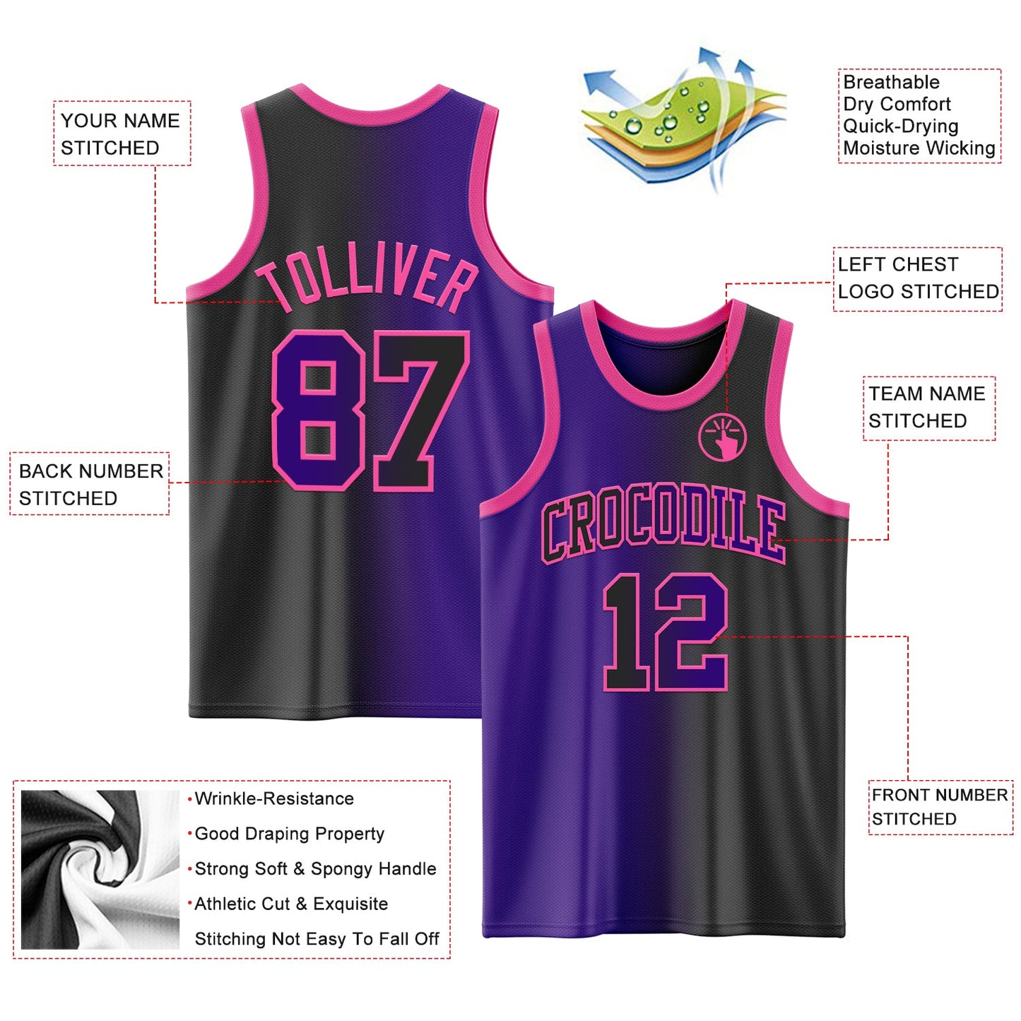 Custom Black Purple-Pink Authentic Gradient Fashion Basketball Jersey - Sky-Custom