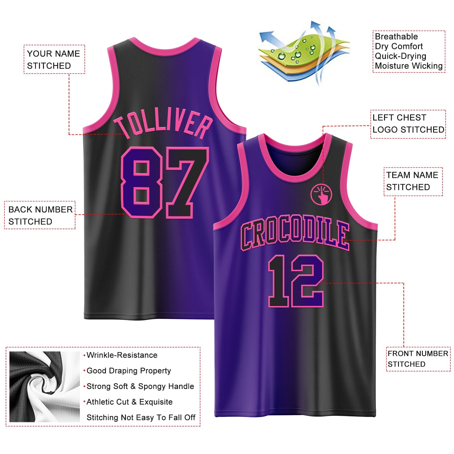 Custom Black Purple-Pink Authentic Gradient Fashion Basketball Jersey - Sky-Custom