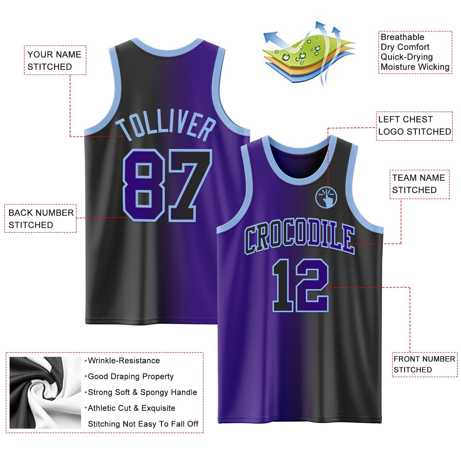 Custom Black Purple-Light Blue Authentic Gradient Fashion Basketball Jersey - Sky-Custom
