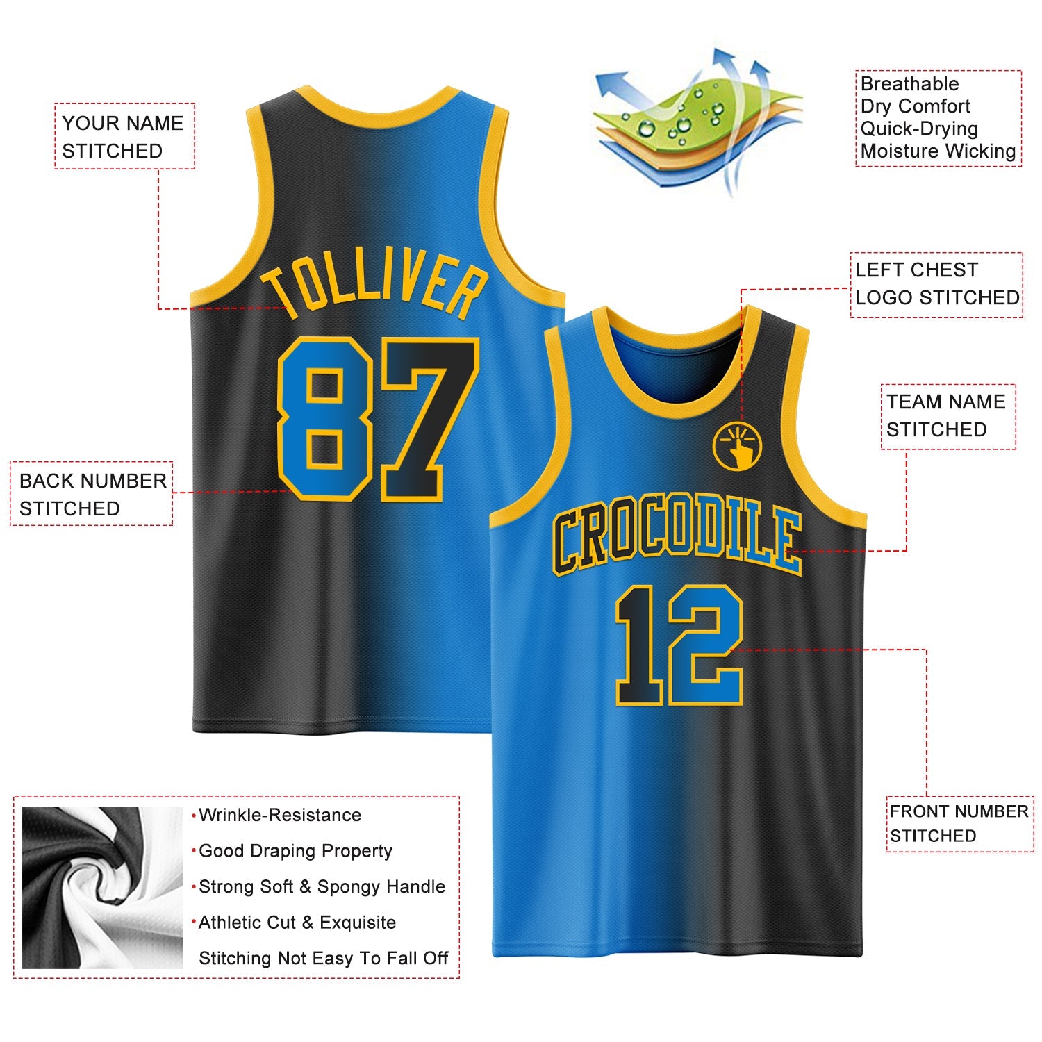 Custom Black Powder Blue-Gold Authentic Gradient Fashion Basketball Jersey - Sky-Custom