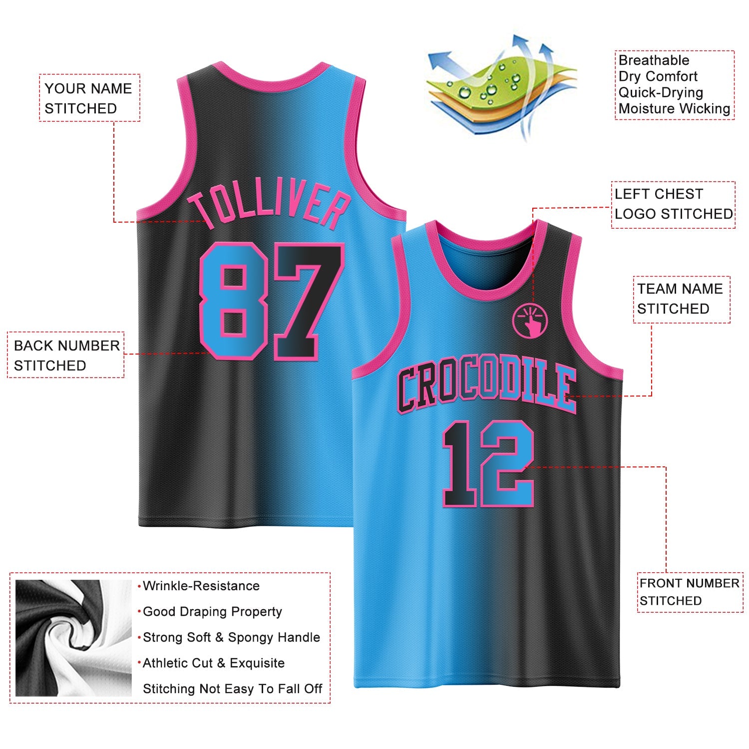 Custom Black Sky Blue-Pink Authentic Gradient Fashion Basketball Jersey - Sky-Custom