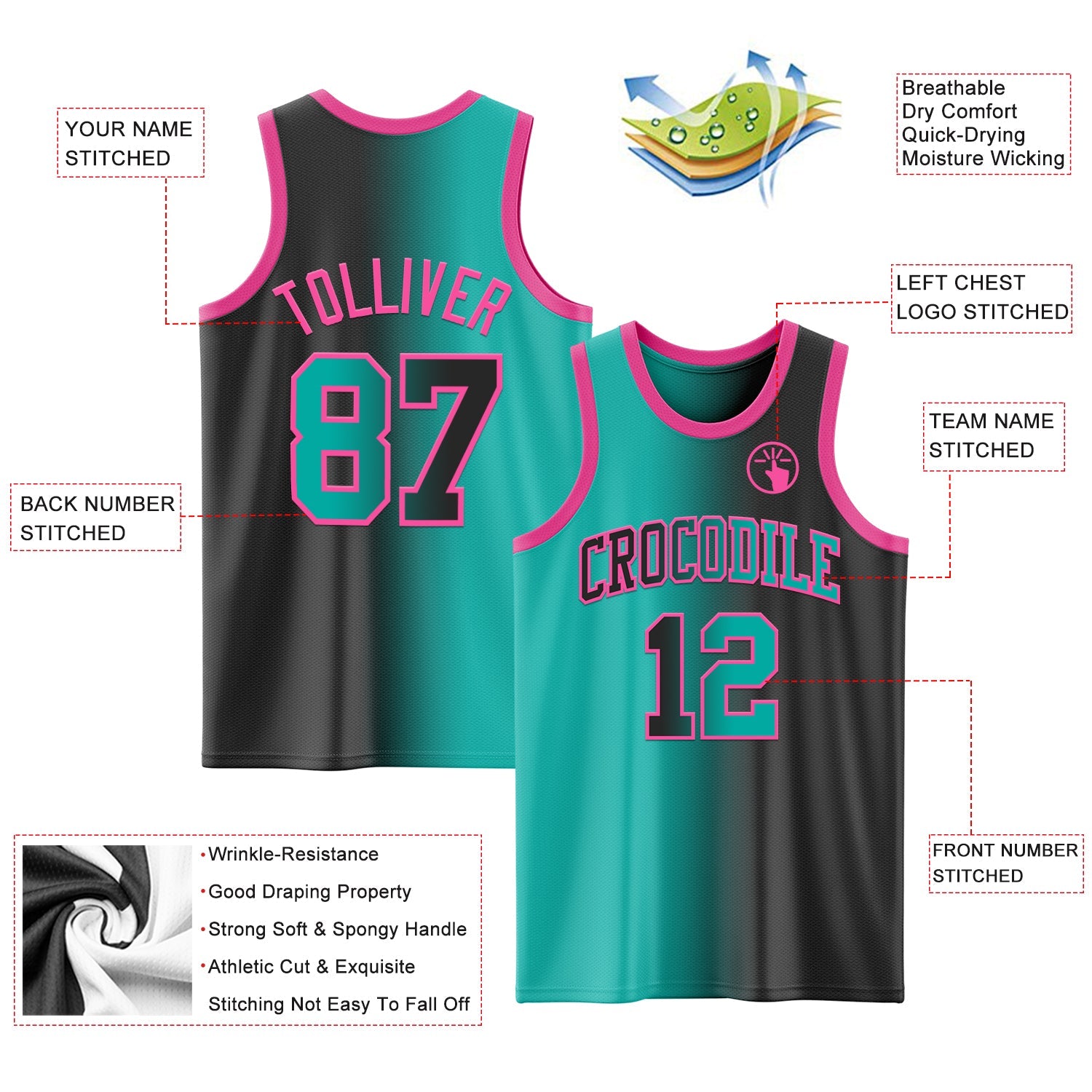 Custom Black Aqua-Pink Authentic Gradient Fashion Basketball Jersey - Sky-Custom