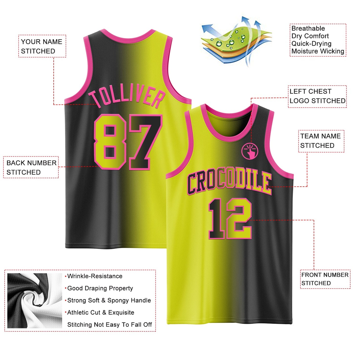 Custom Black Neon Yellow-Pink Authentic Gradient Fashion Basketball Jersey - Sky-Custom