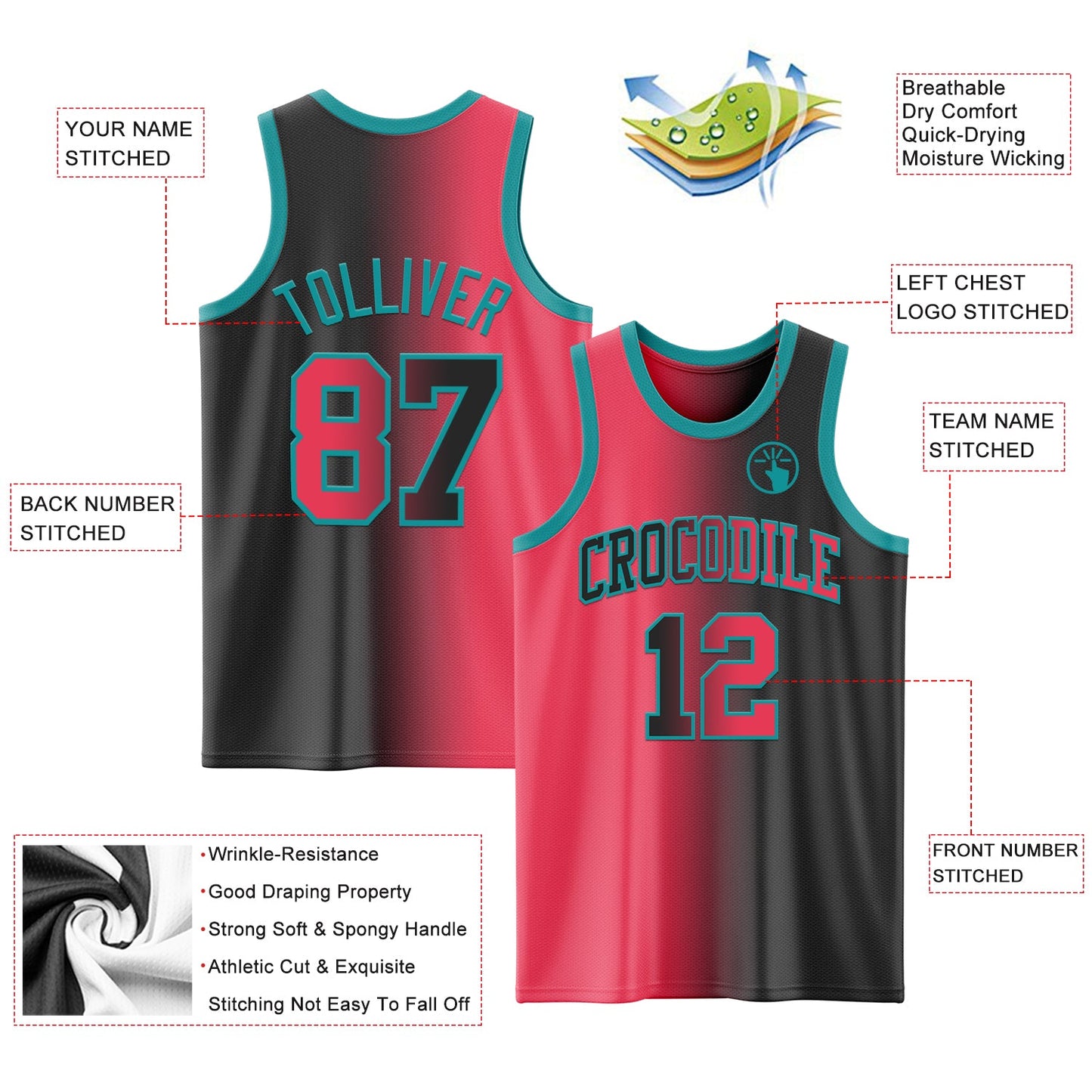 Custom Black Neon Pink-Teal Authentic Gradient Fashion Basketball Jersey - Sky-Custom