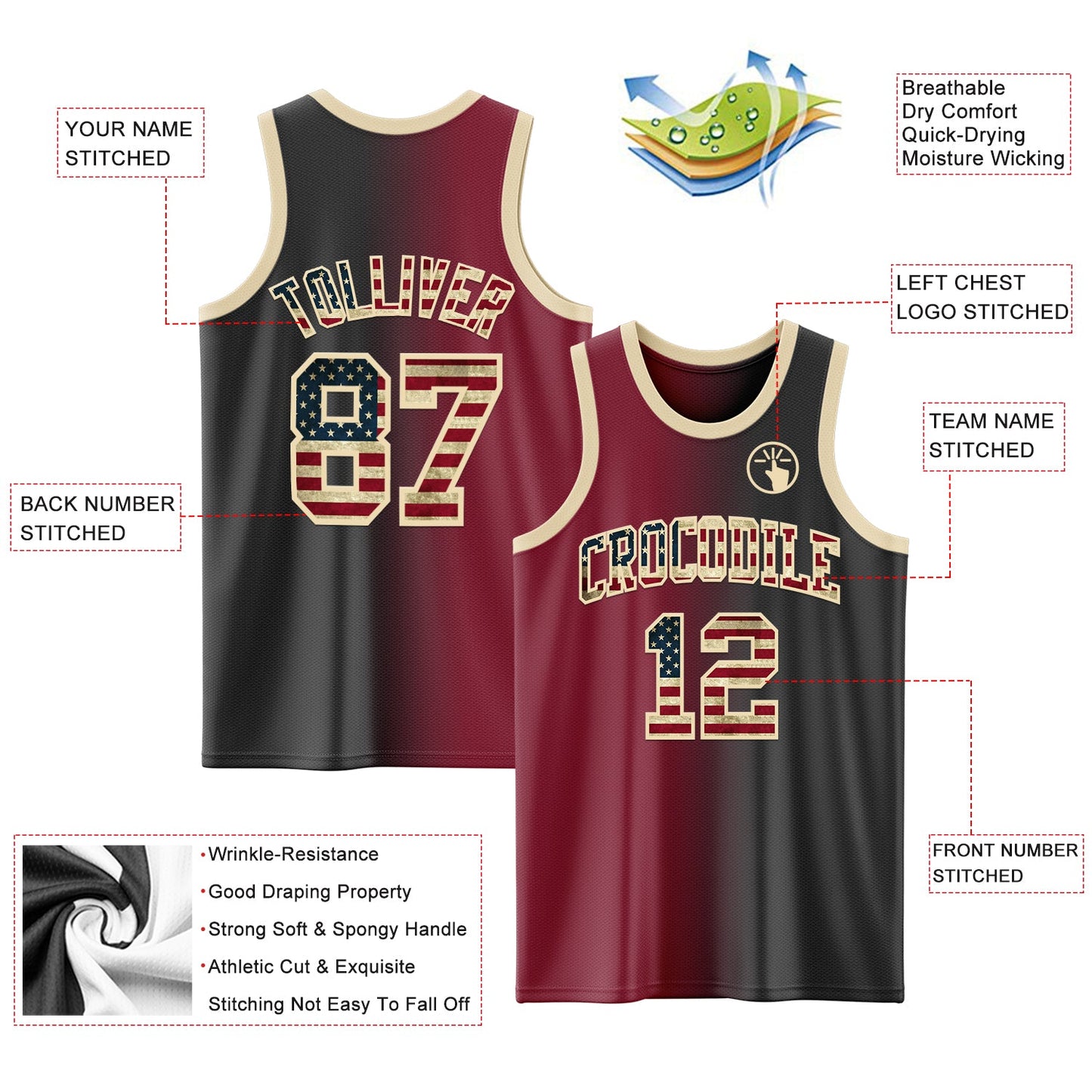 Custom Black Vintage USA Flag Crimson-Cream Authentic Gradient Fashion Basketball Jersey - Sky-Custom
