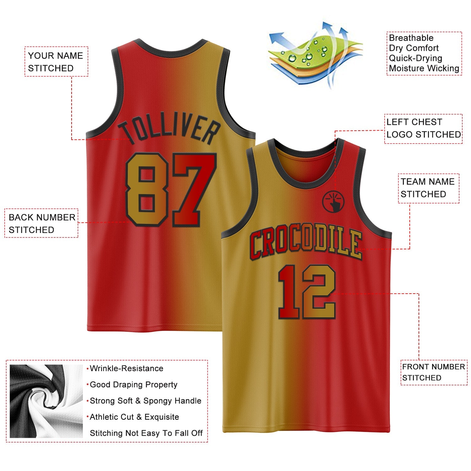 Custom Red Old Gold-Black Authentic Gradient Fashion Basketball Jersey - Sky-Custom