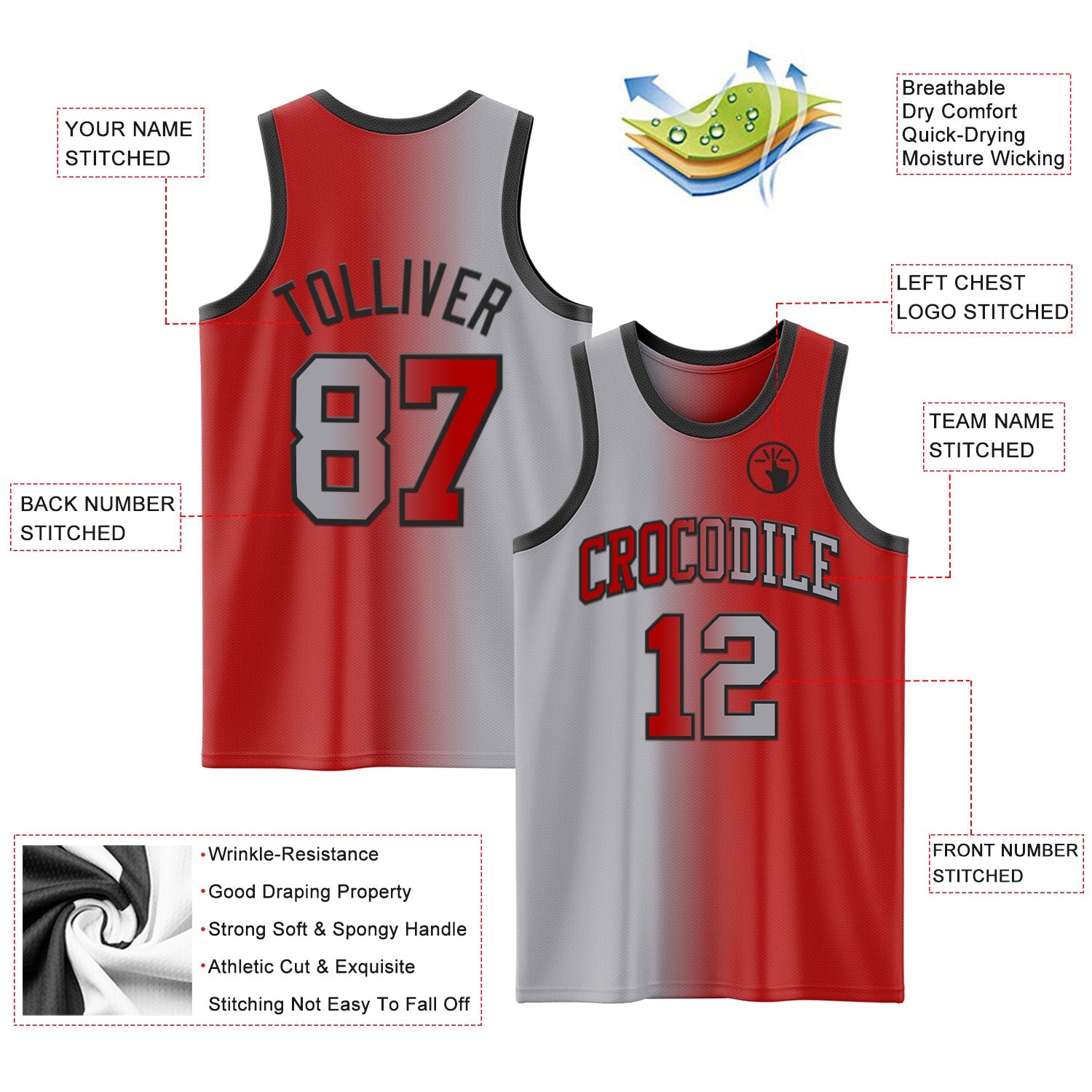 Custom Red Gray-Black Authentic Gradient Fashion Basketball Jersey - Sky-Custom