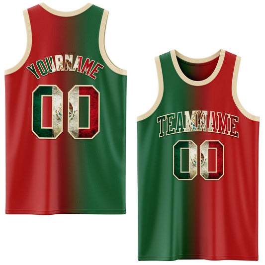 Custom Red Vintage Mexican Flag Kelly Green-Cream Authentic Gradient Fashion Basketball Jersey - Sky-Custom