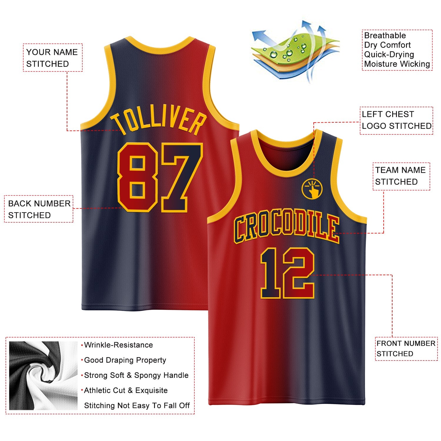 Custom Navy Red-Gold Authentic Gradient Fashion Basketball Jersey - Sky-Custom