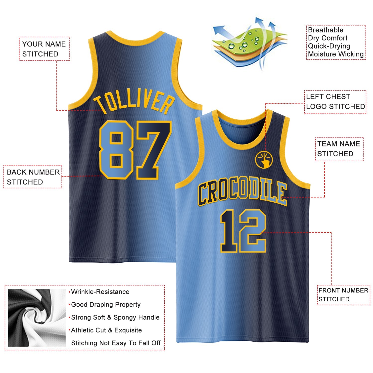 Custom Navy Light Blue-Gold Authentic Gradient Fashion Basketball Jersey - Sky-Custom