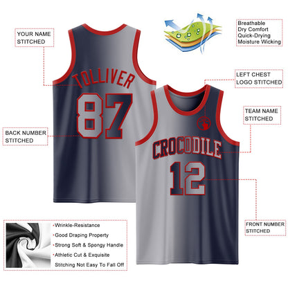 Custom Navy Gray-Red Authentic Gradient Fashion Basketball Jersey - Sky-Custom