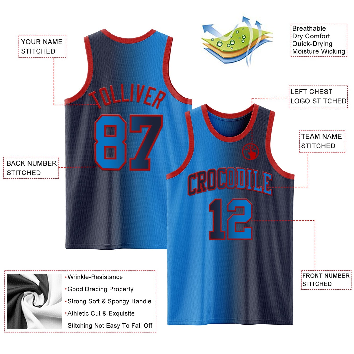 Custom Navy Powder Blue-Red Authentic Gradient Fashion Basketball Jersey - Sky-Custom