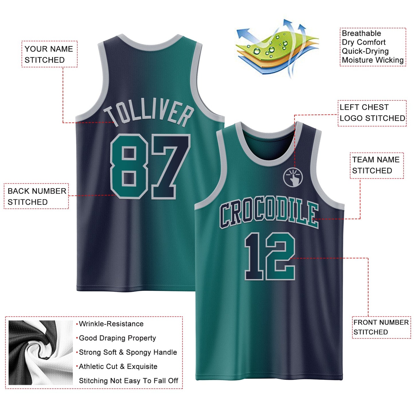 Custom Navy Teal-Gray Authentic Gradient Fashion Basketball Jersey - Sky-Custom