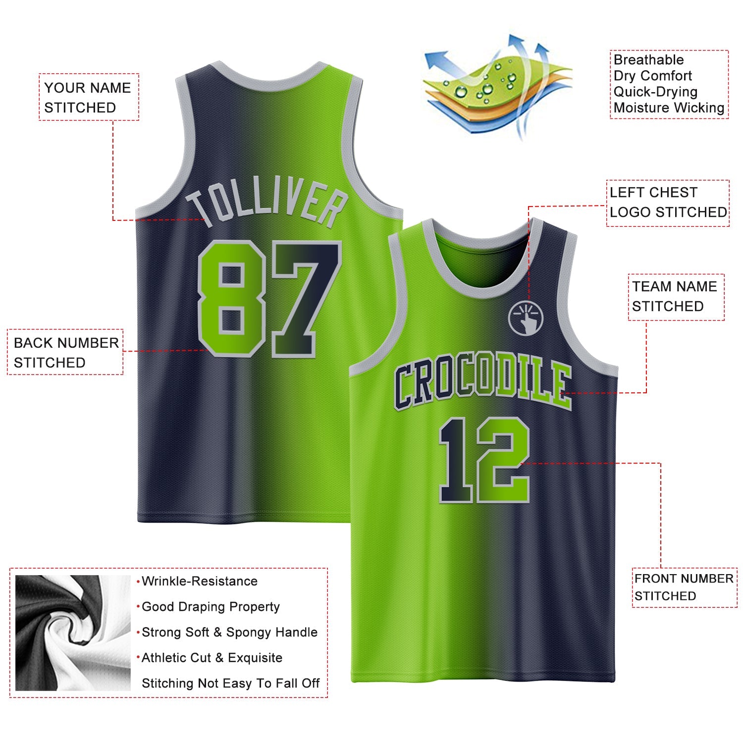 Custom Navy Neon Green-Gray Authentic Gradient Fashion Basketball Jersey - Sky-Custom