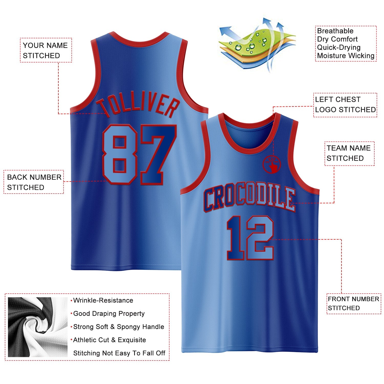 Custom Royal Light Blue-Red Authentic Gradient Fashion Basketball Jersey - Sky-Custom