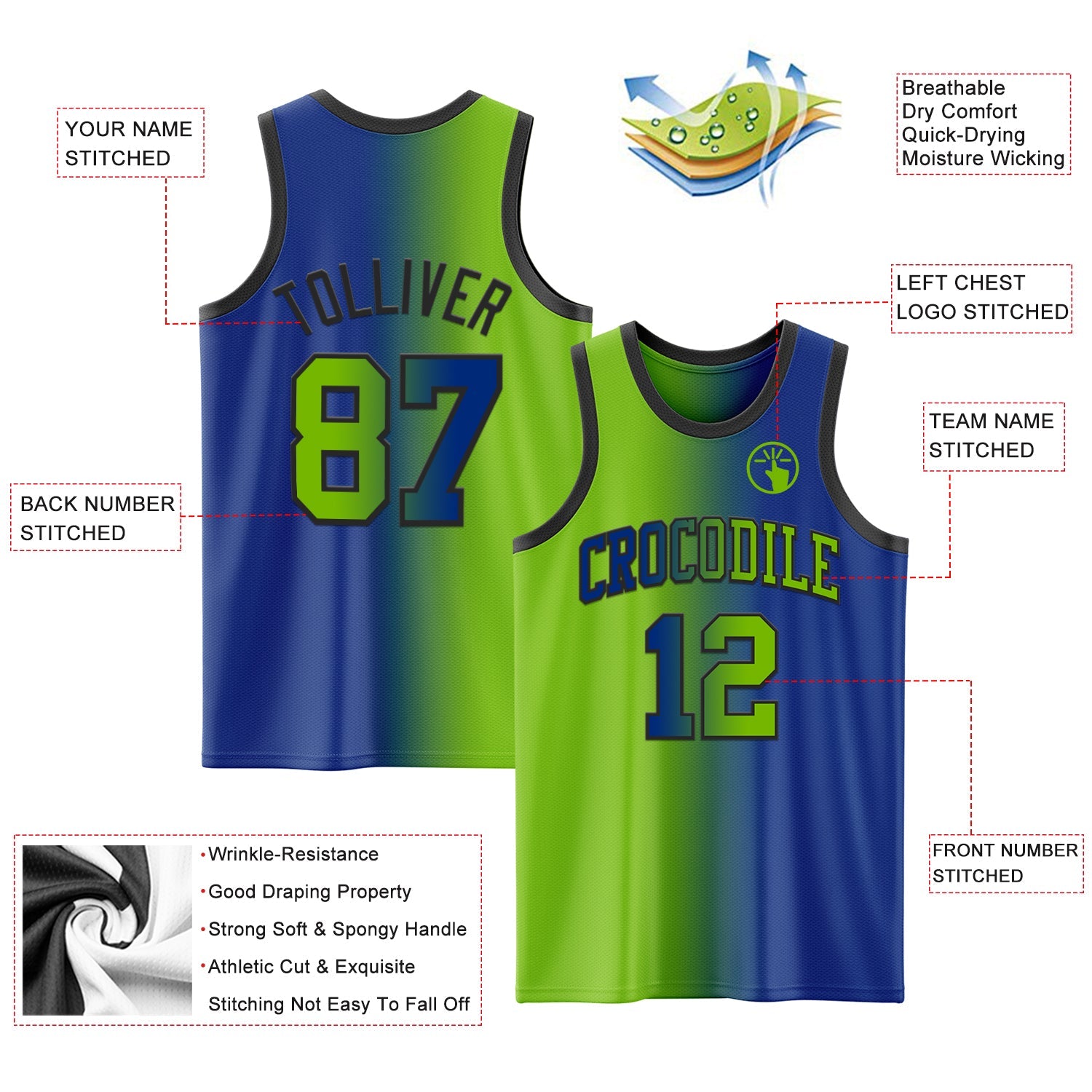 Custom Royal Neon Green-Black Authentic Gradient Fashion Basketball Jersey - Sky-Custom