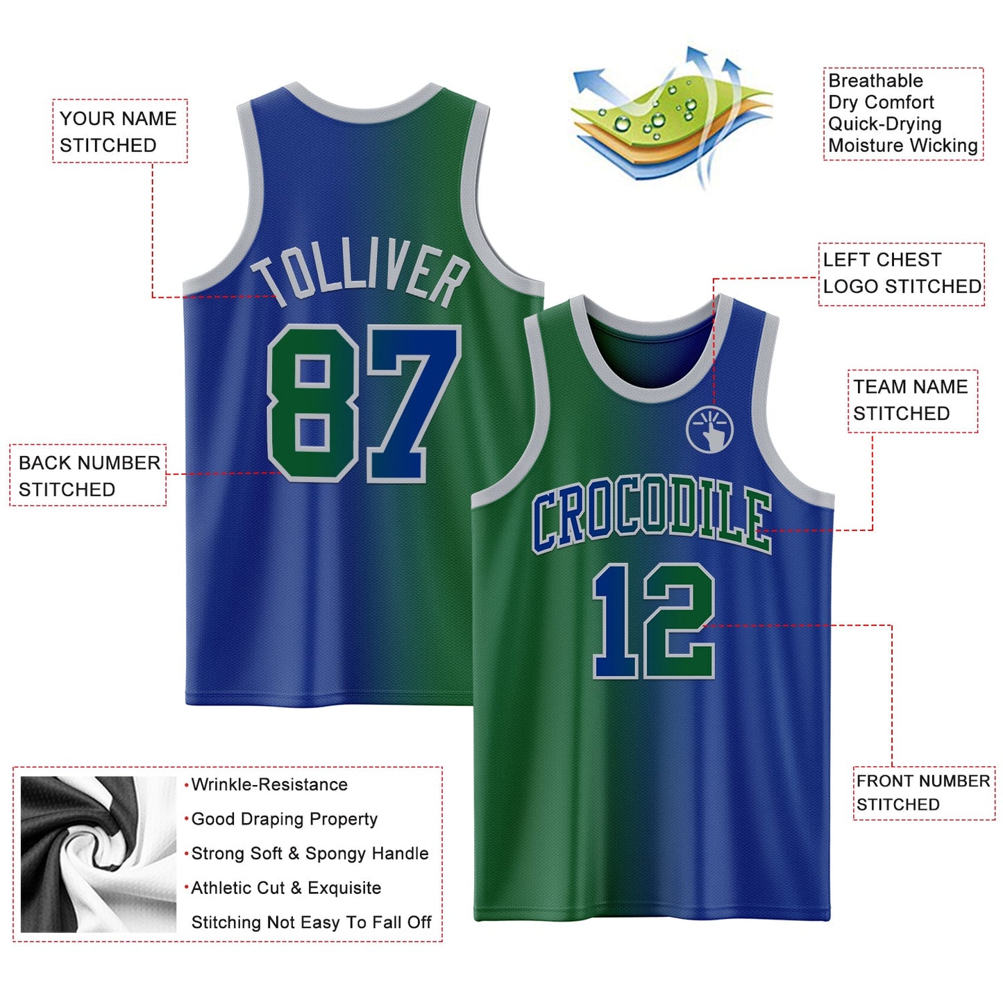 Custom Royal Kelly Green-Gray Authentic Gradient Fashion Basketball Jersey - Sky-Custom