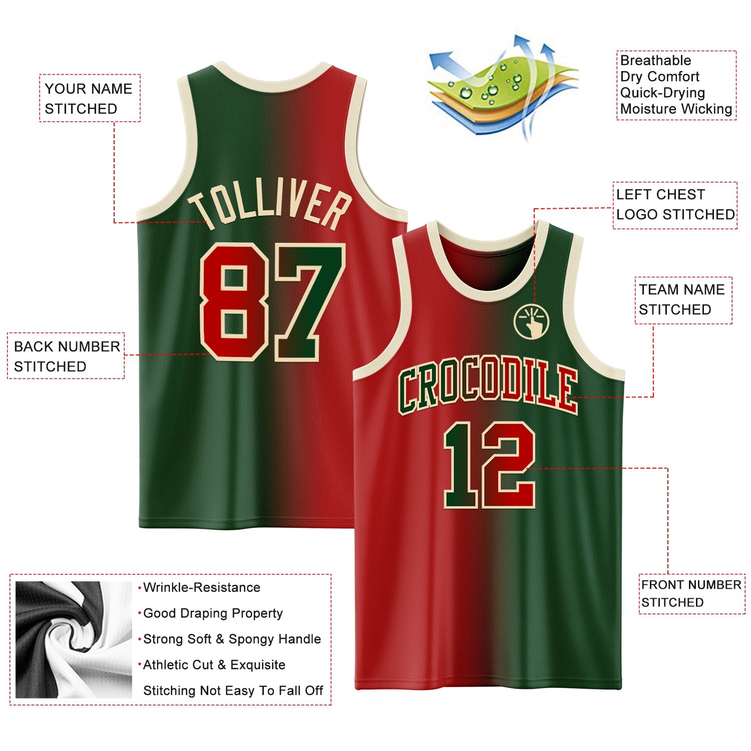 Custom Green Red-Cream Authentic Gradient Fashion Basketball Jersey - Sky-Custom