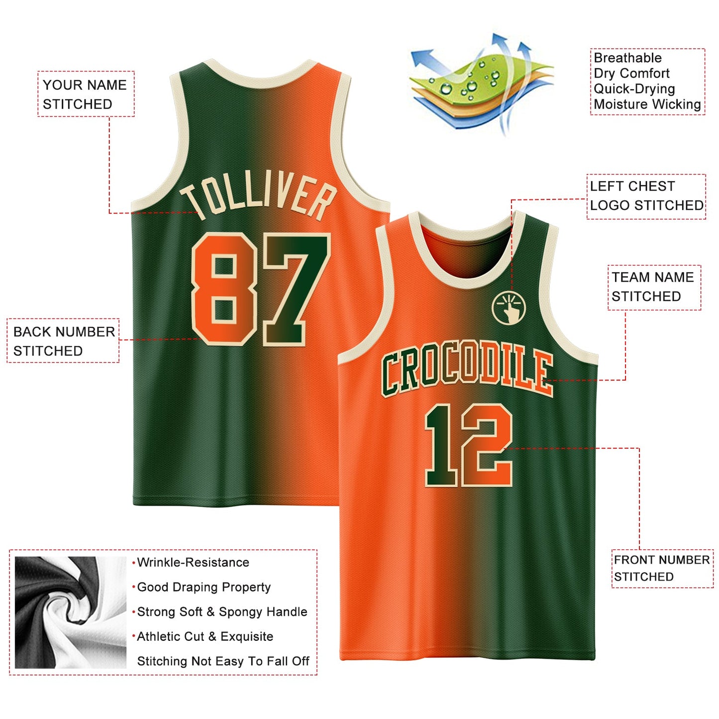 Custom Green Orange-Cream Authentic Gradient Fashion Basketball Jersey - Sky-Custom