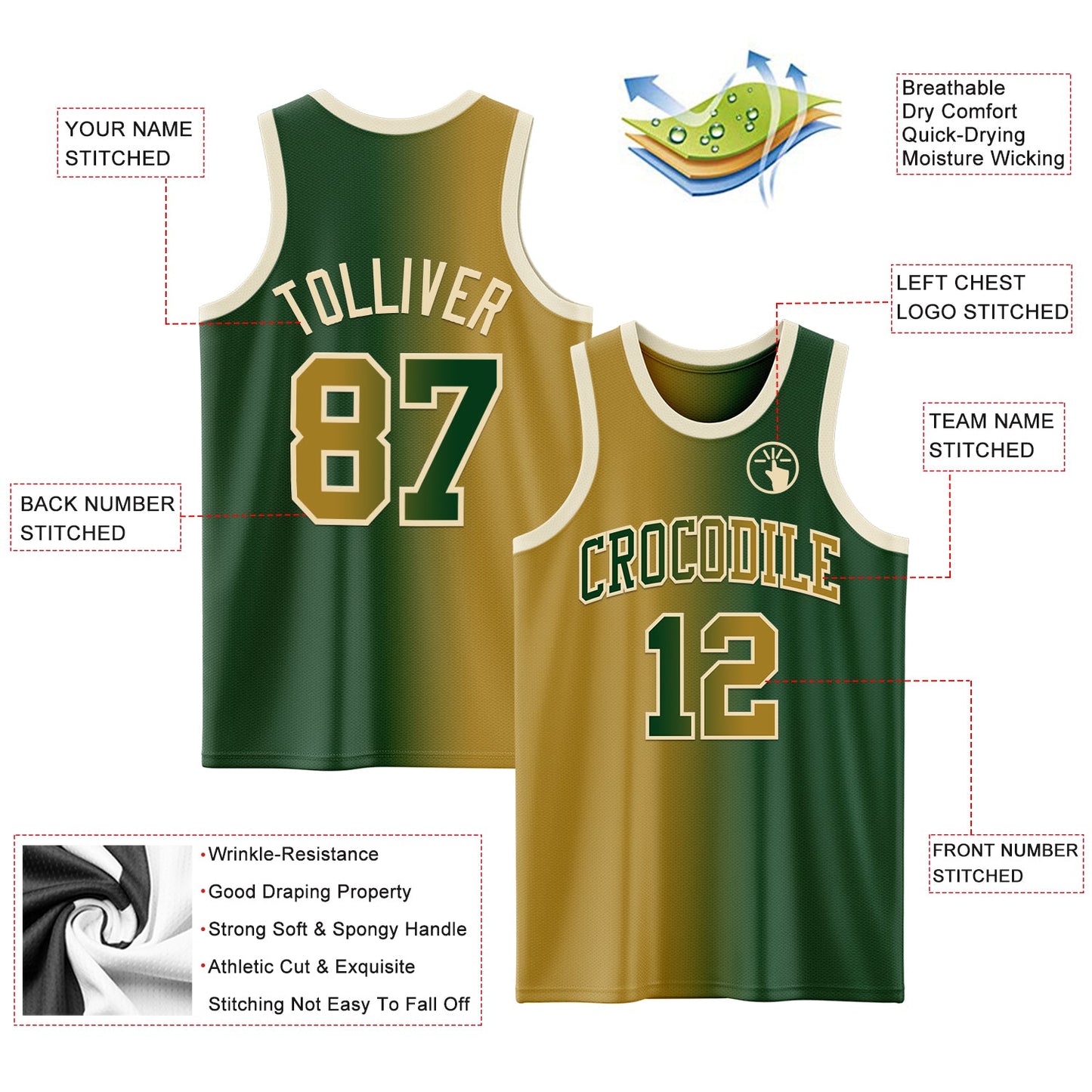 Custom Green Old Gold-Cream Authentic Gradient Fashion Basketball Jersey - Sky-Custom
