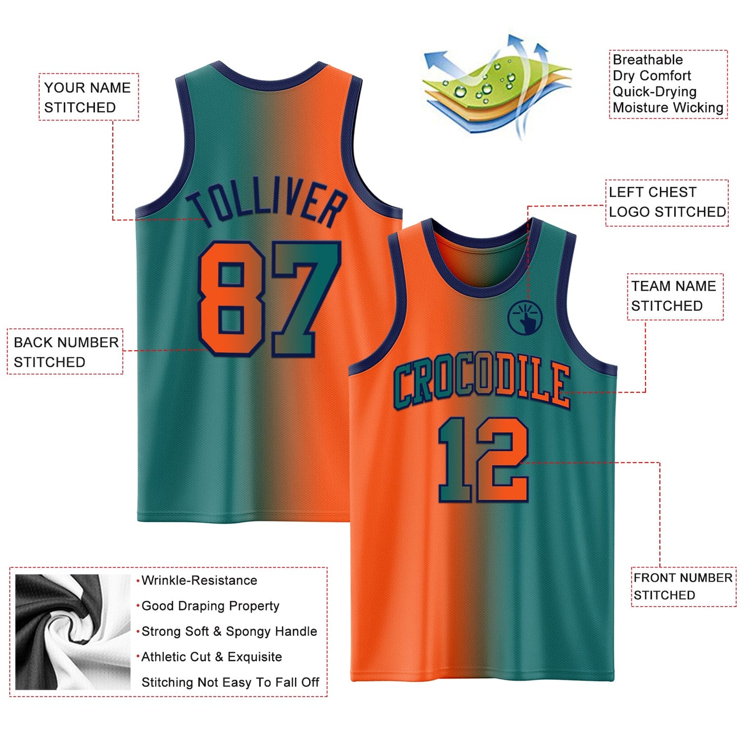 Custom Teal Orange-Navy Authentic Gradient Fashion Basketball Jersey - Sky-Custom