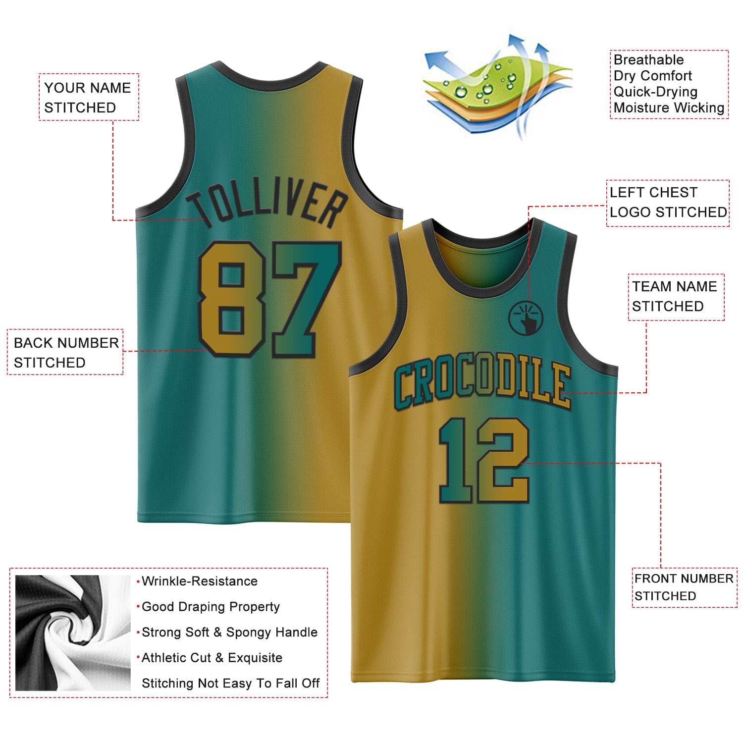 Custom Teal Old Gold-Black Authentic Gradient Fashion Basketball Jersey - Sky-Custom