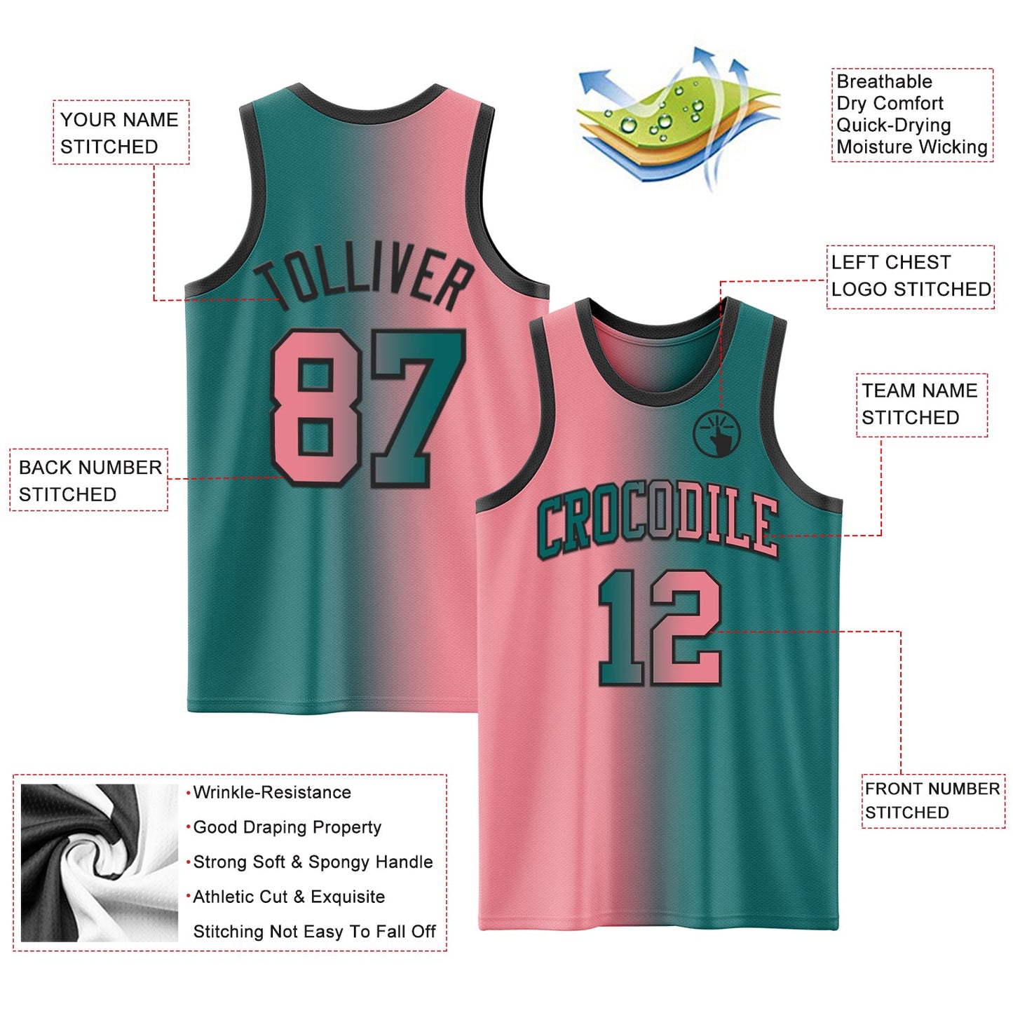 Custom Teal Medium Pink-Black Authentic Gradient Fashion Basketball Jersey - Sky-Custom