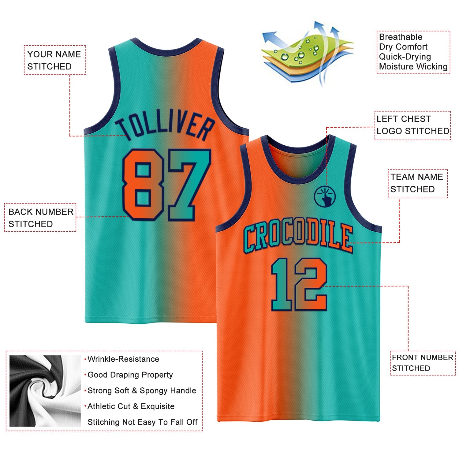 Custom Aqua Orange-Navy Authentic Gradient Fashion Basketball Jersey - Sky-Custom