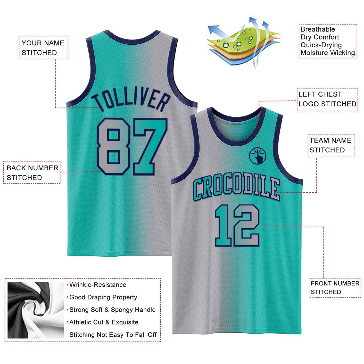 Custom Aqua Gray-Navy Authentic Gradient Fashion Basketball Jersey - Sky-Custom