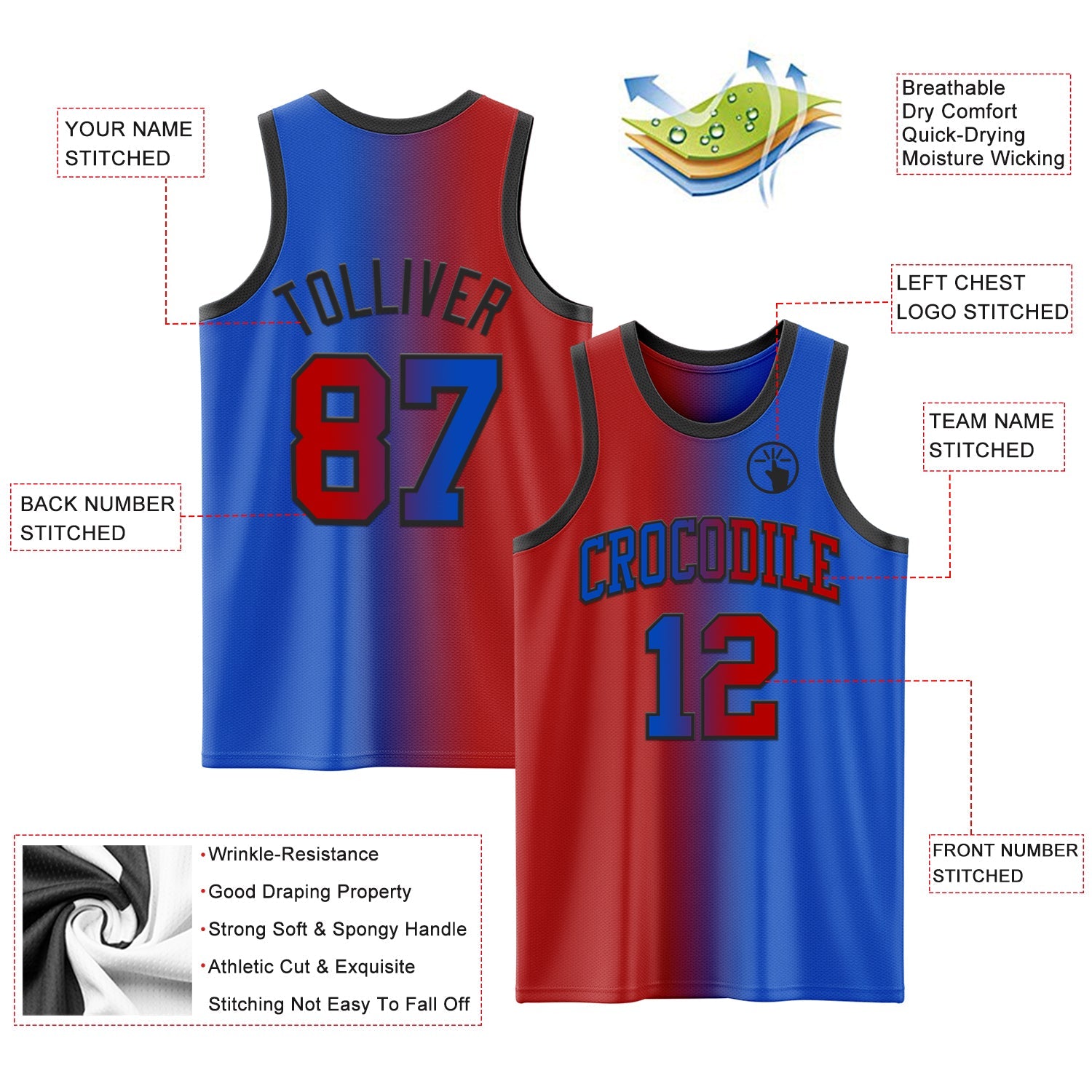 Custom Thunder Blue Red-Black Authentic Gradient Fashion Basketball Jersey - Sky-Custom