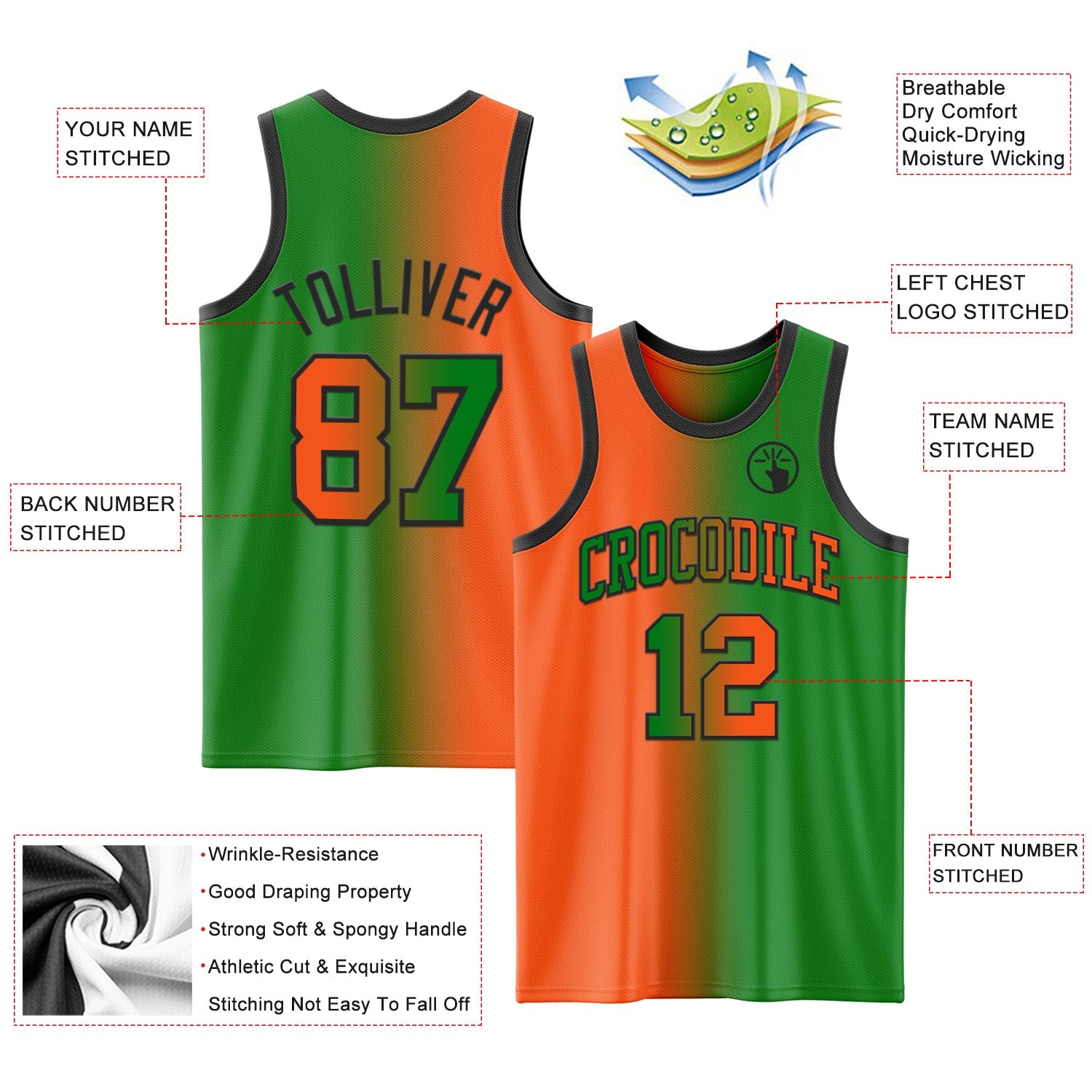 Custom Grass Green Orange-Black Authentic Gradient Fashion Basketball Jersey - Sky-Custom