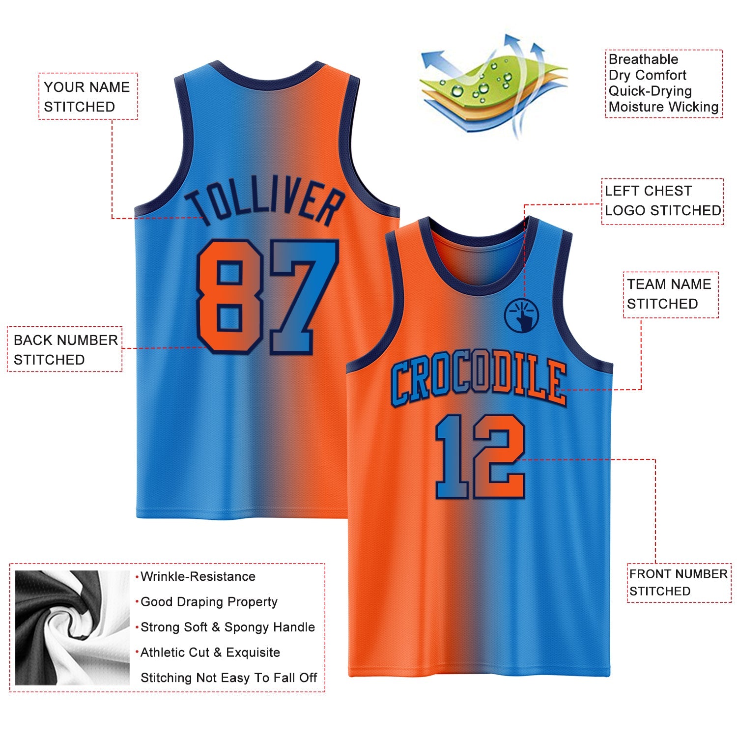 Custom Powder Blue Orange-Navy Authentic Gradient Fashion Basketball Jersey - Sky-Custom