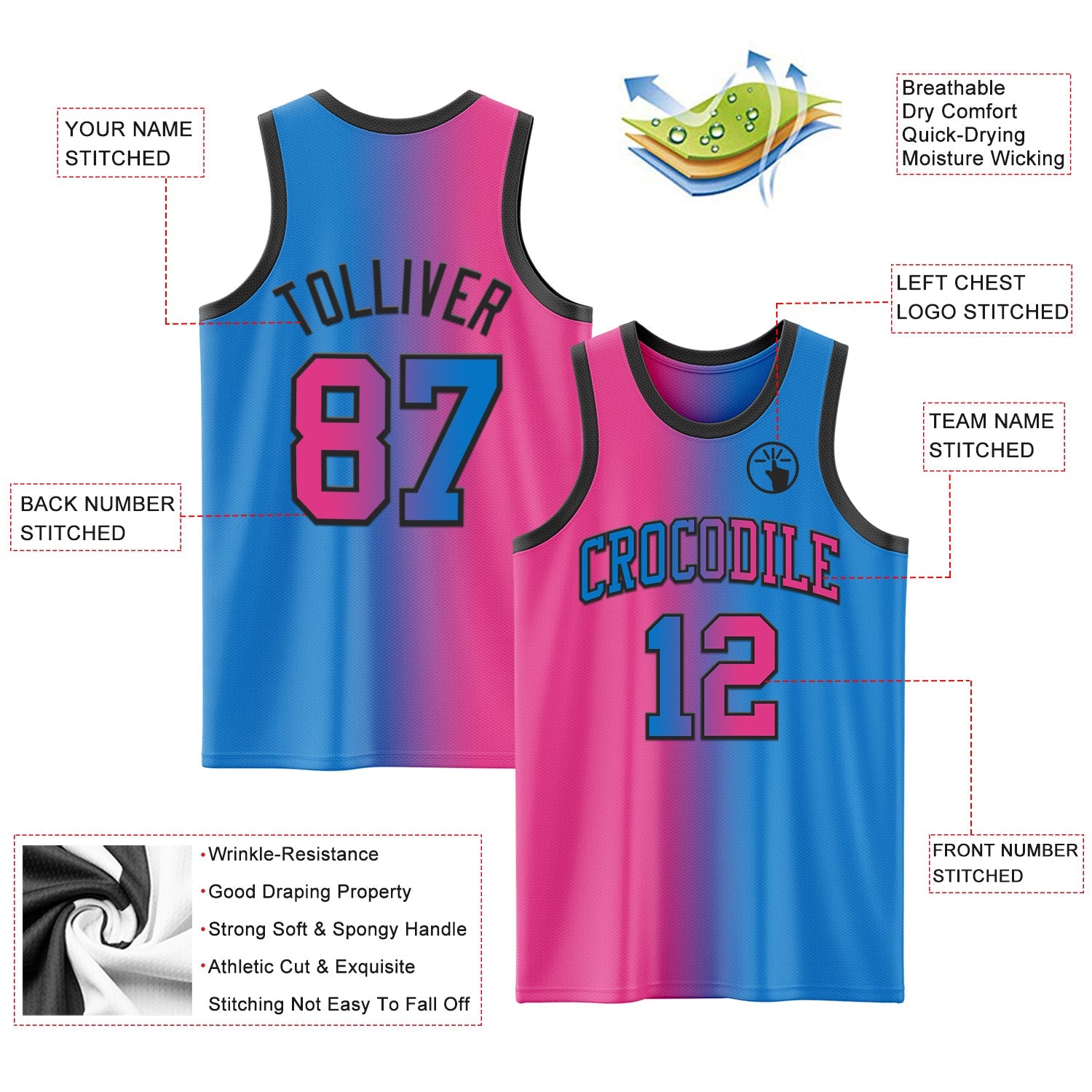 Custom Powder Blue Pink-Black Authentic Gradient Fashion Basketball Jersey - Sky-Custom