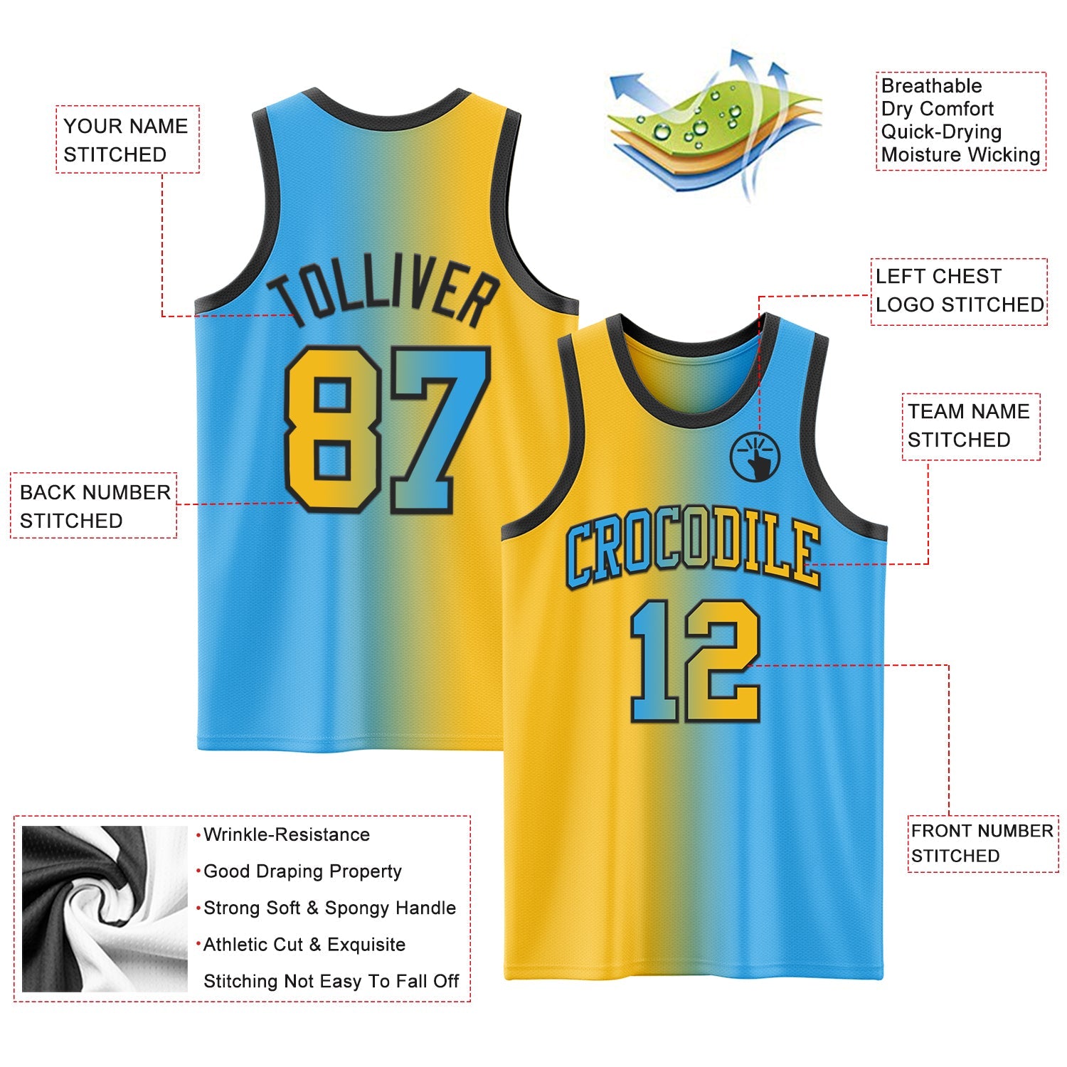 Custom Sky Blue Gold-Black Authentic Gradient Fashion Basketball Jersey - Sky-Custom