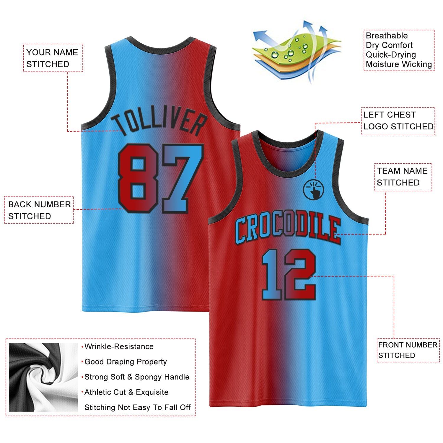 Custom Sky Blue Red-Black Authentic Gradient Fashion Basketball Jersey - Sky-Custom