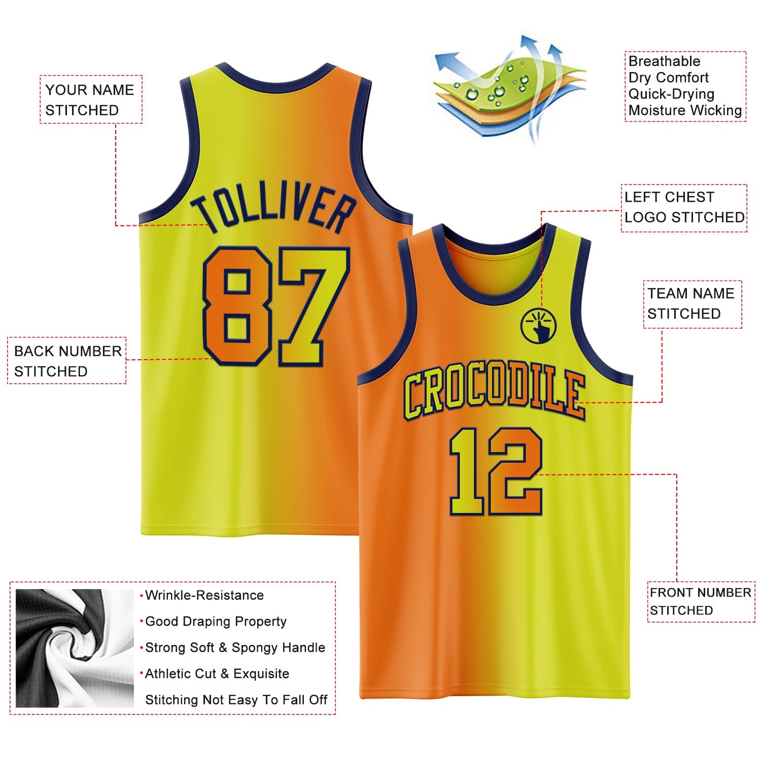 Custom Neon Yellow Bay Orange-Navy Authentic Gradient Fashion Basketball Jersey - Sky-Custom