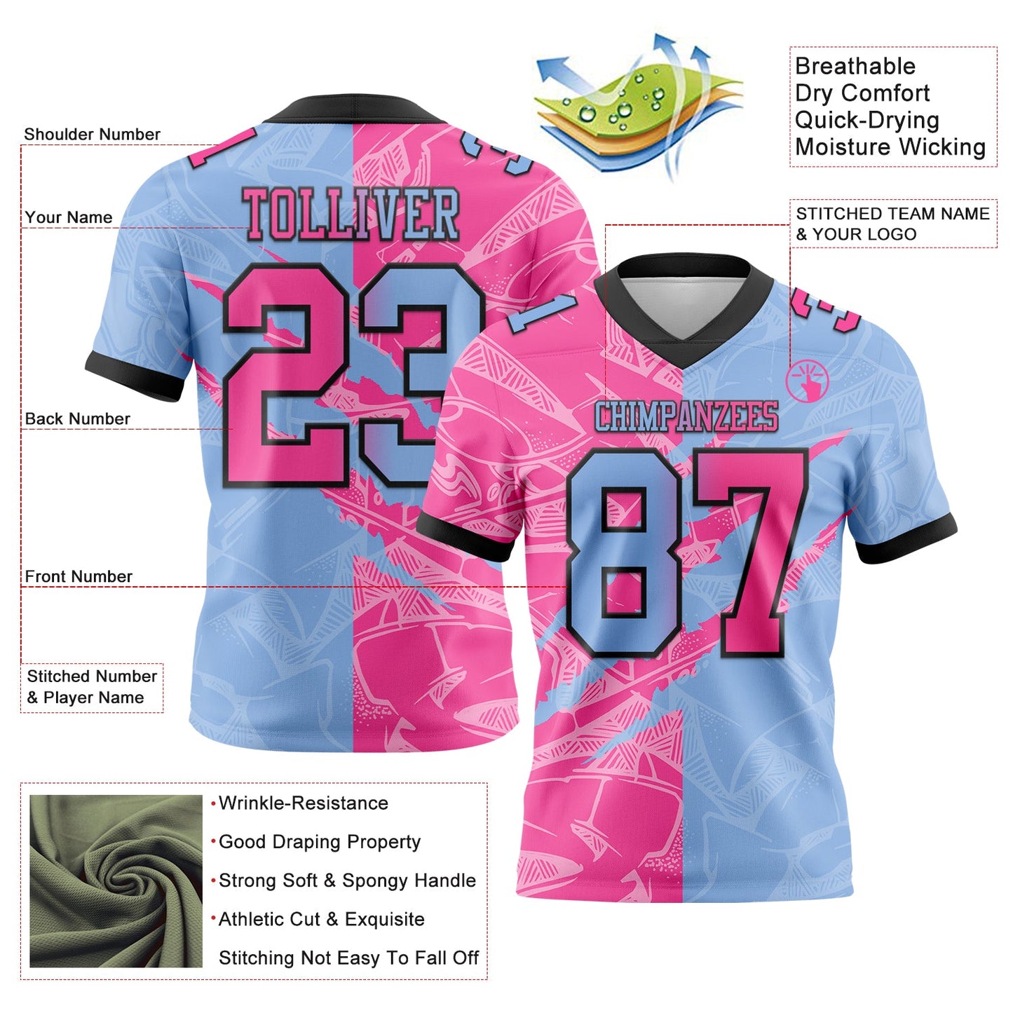 Custom Light Blue Pink-Black Mesh Authentic Gradient Fashion Scratch Football Jersey - Sky-Custom