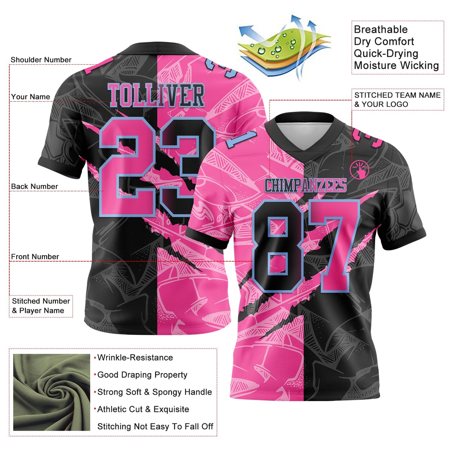 Custom Black Pink-Light Blue Mesh Authentic Gradient Fashion Scratch Football Jersey - Sky-Custom
