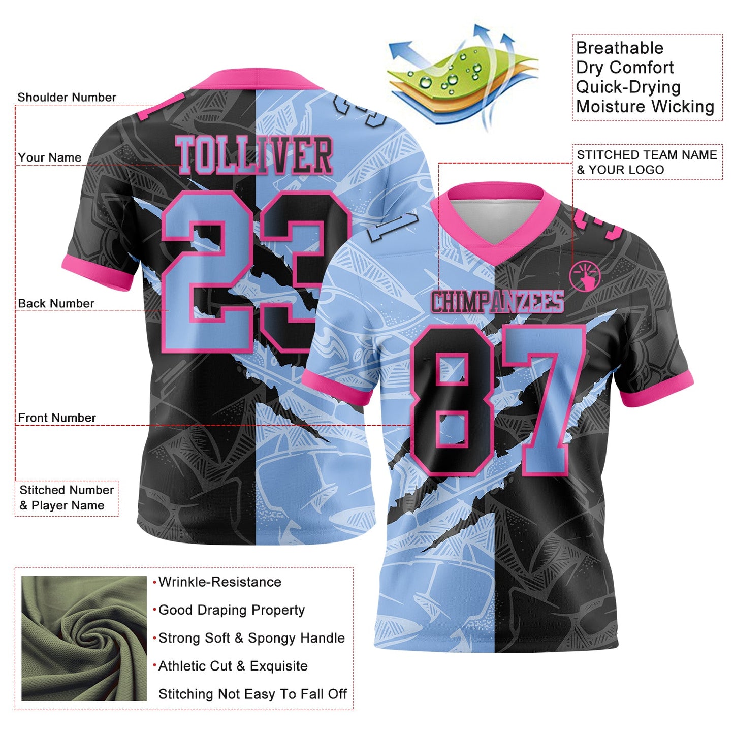 Custom Black Light Blue-Pink Mesh Authentic Gradient Fashion Scratch Football Jersey - Sky-Custom