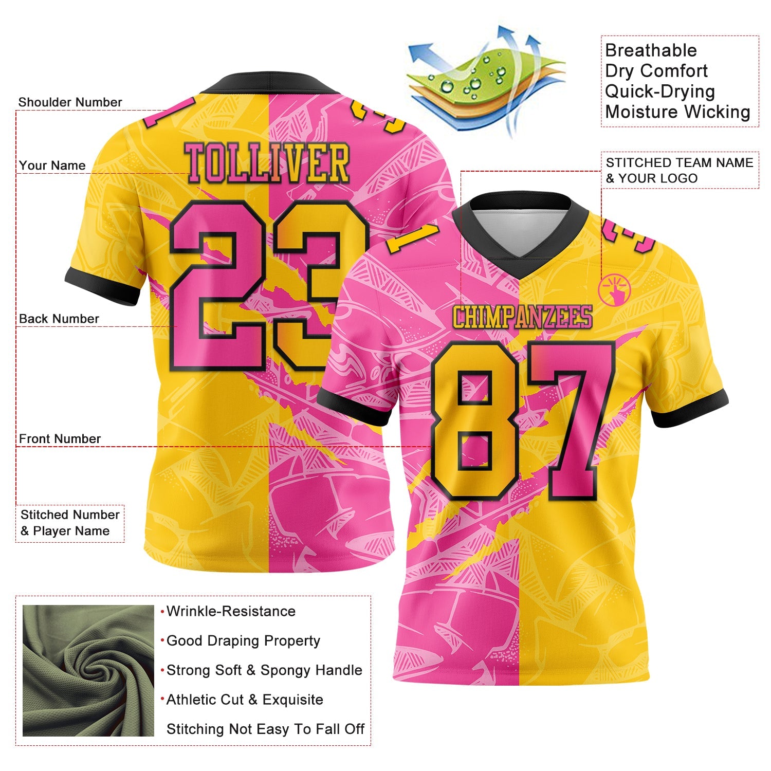 Custom Yellow Pink-Black Mesh Authentic Gradient Fashion Scratch Football Jersey - Sky-Custom