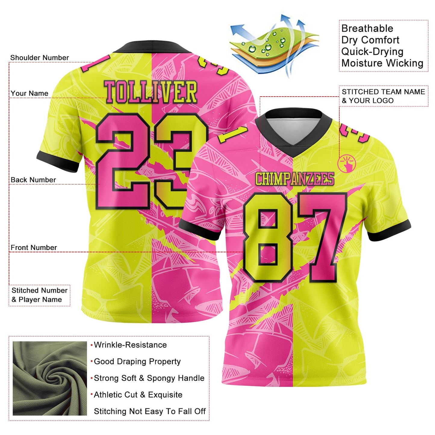 Custom Neon Yellow Pink-Black Mesh Authentic Gradient Fashion Scratch Football Jersey - Sky-Custom