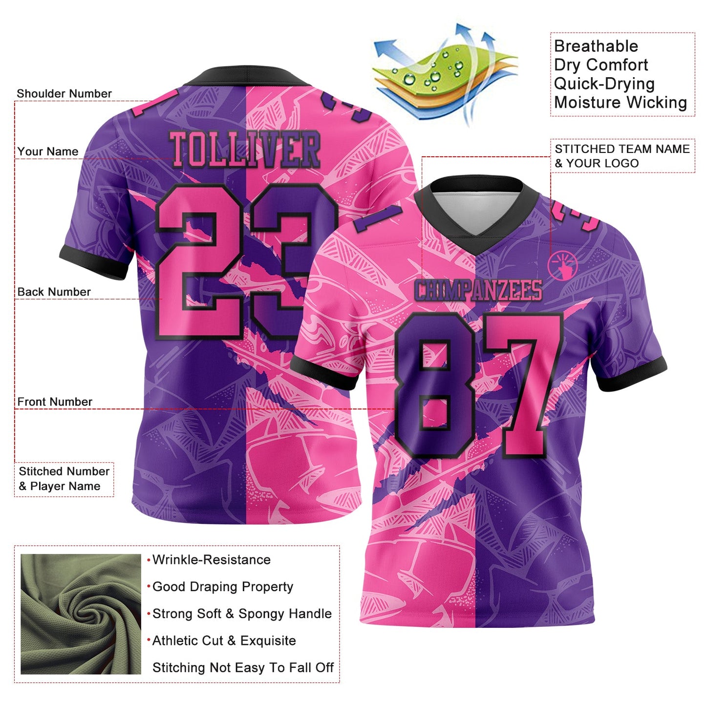 Custom Purple Pink-Black Mesh Authentic Gradient Fashion Scratch Football Jersey - Sky-Custom