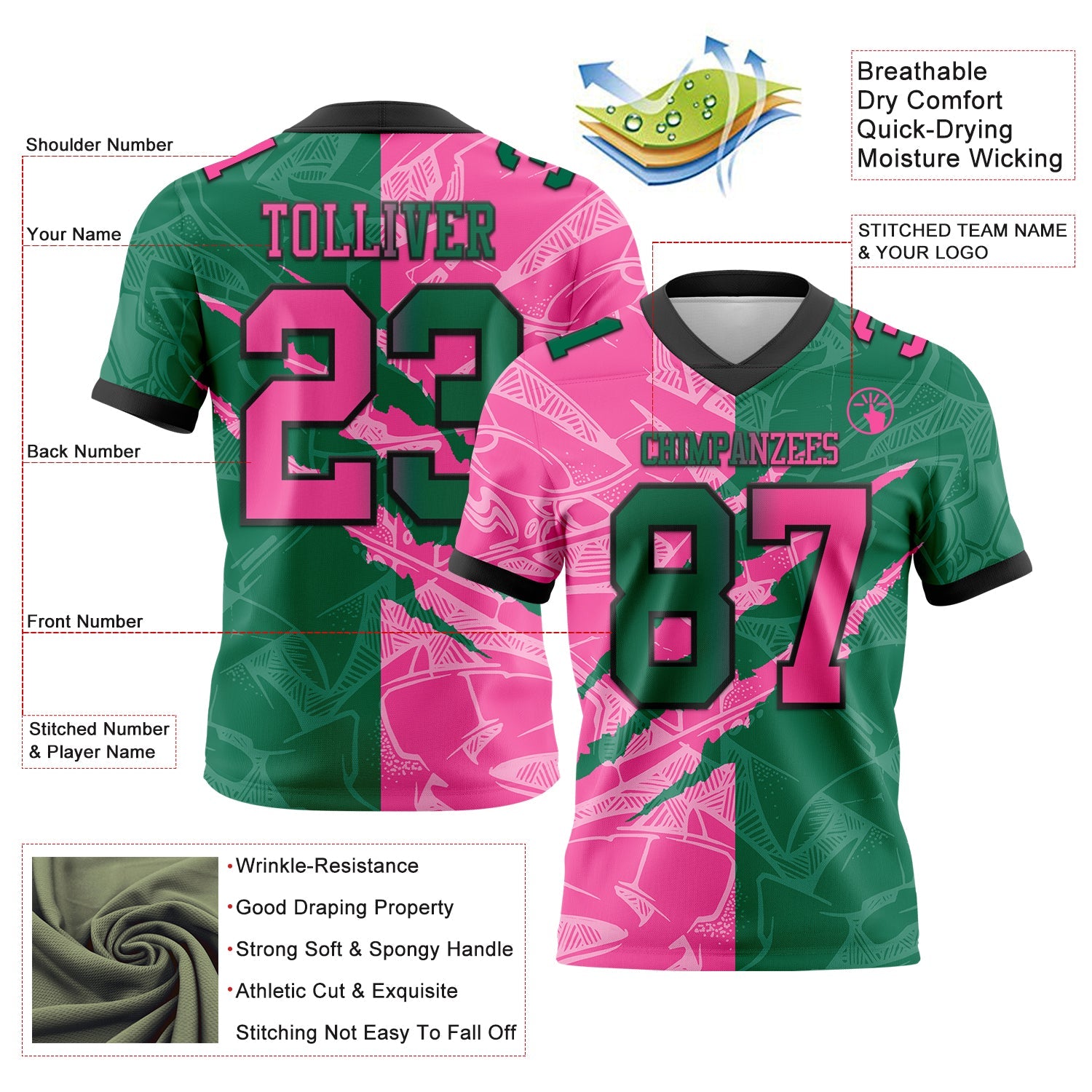 Custom Kelly Green Pink-Black Mesh Authentic Gradient Fashion Scratch Football Jersey - Sky-Custom