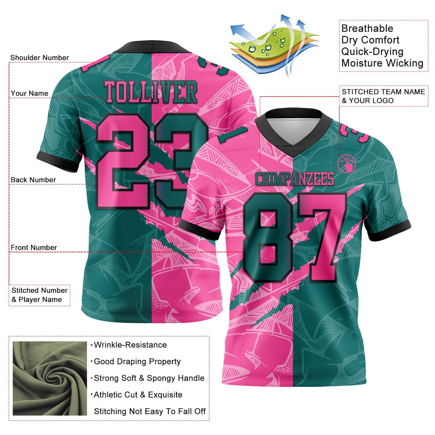 Custom Teal Pink-Black Mesh Authentic Gradient Fashion Scratch Football Jersey - Sky-Custom