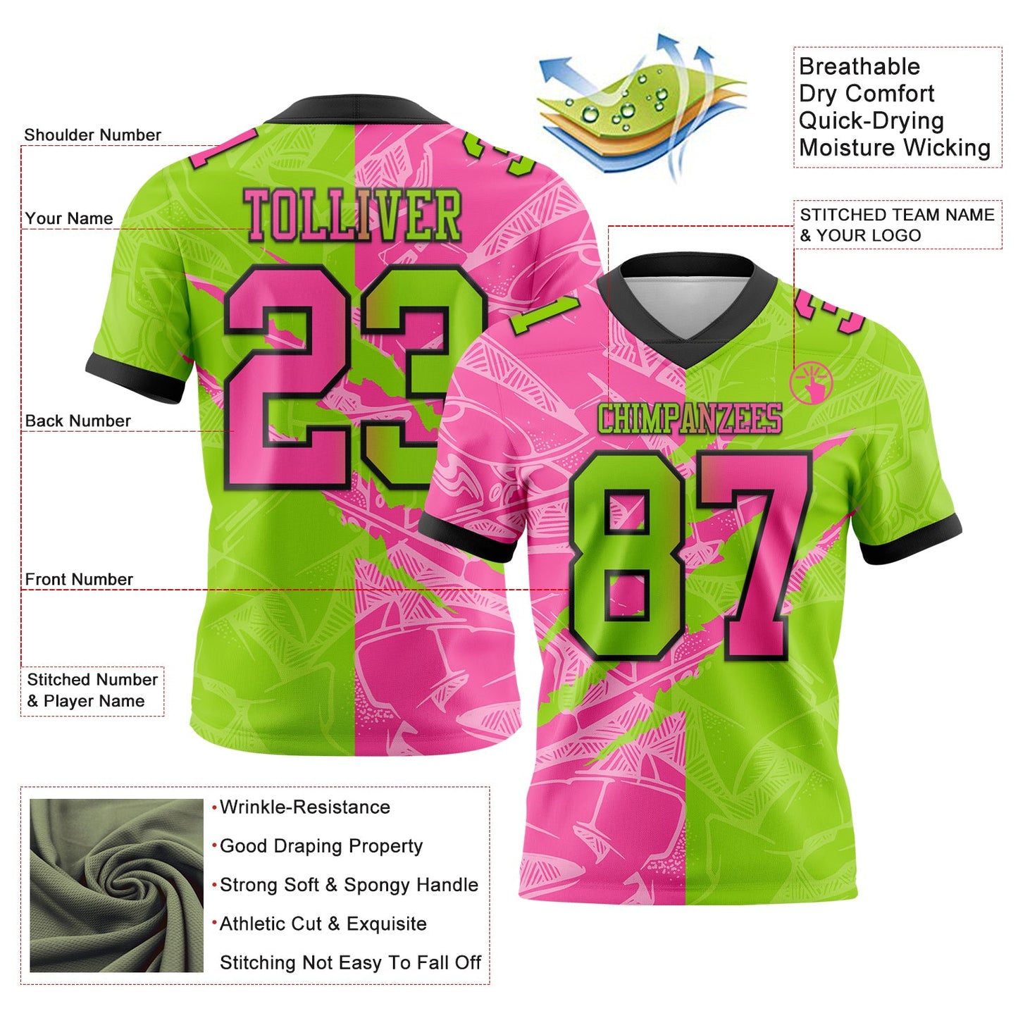 Custom Neon Green Pink-Black Mesh Authentic Gradient Fashion Scratch Football Jersey - Sky-Custom