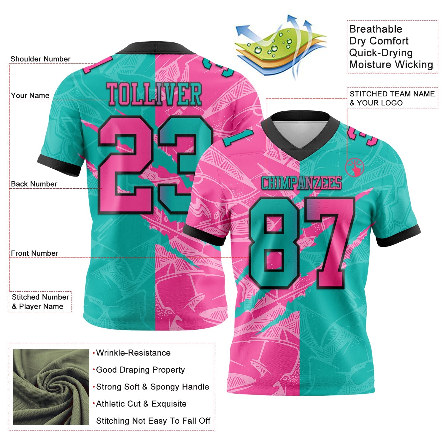 Custom Aqua Pink-Black Mesh Authentic Gradient Fashion Scratch Football Jersey - Sky-Custom